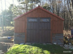 Slideshow Image - Large Board and Batten A-Frame with Optional Rustic Cedar Stain, Stone facing and Transom Windows